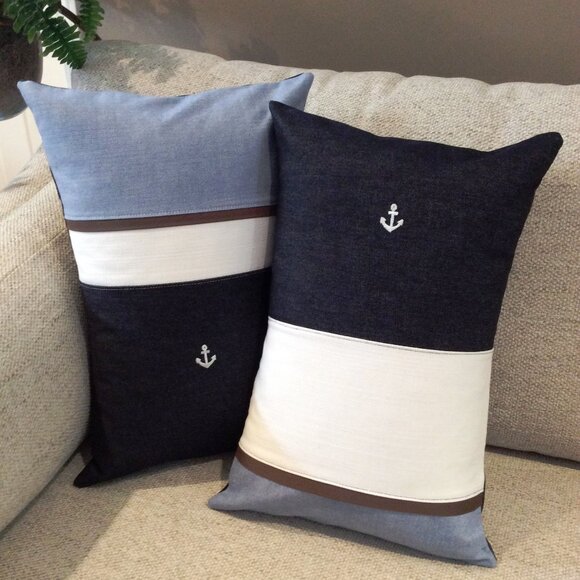 NEW 2 Nautical Pillow Set, Boat Yacht Sailboat Coastal Gift, Custom Color Block - Picture 2 of 2